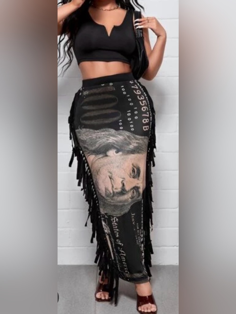 SHEIN Black Fringe-Trim Graphic Pencil Skirt